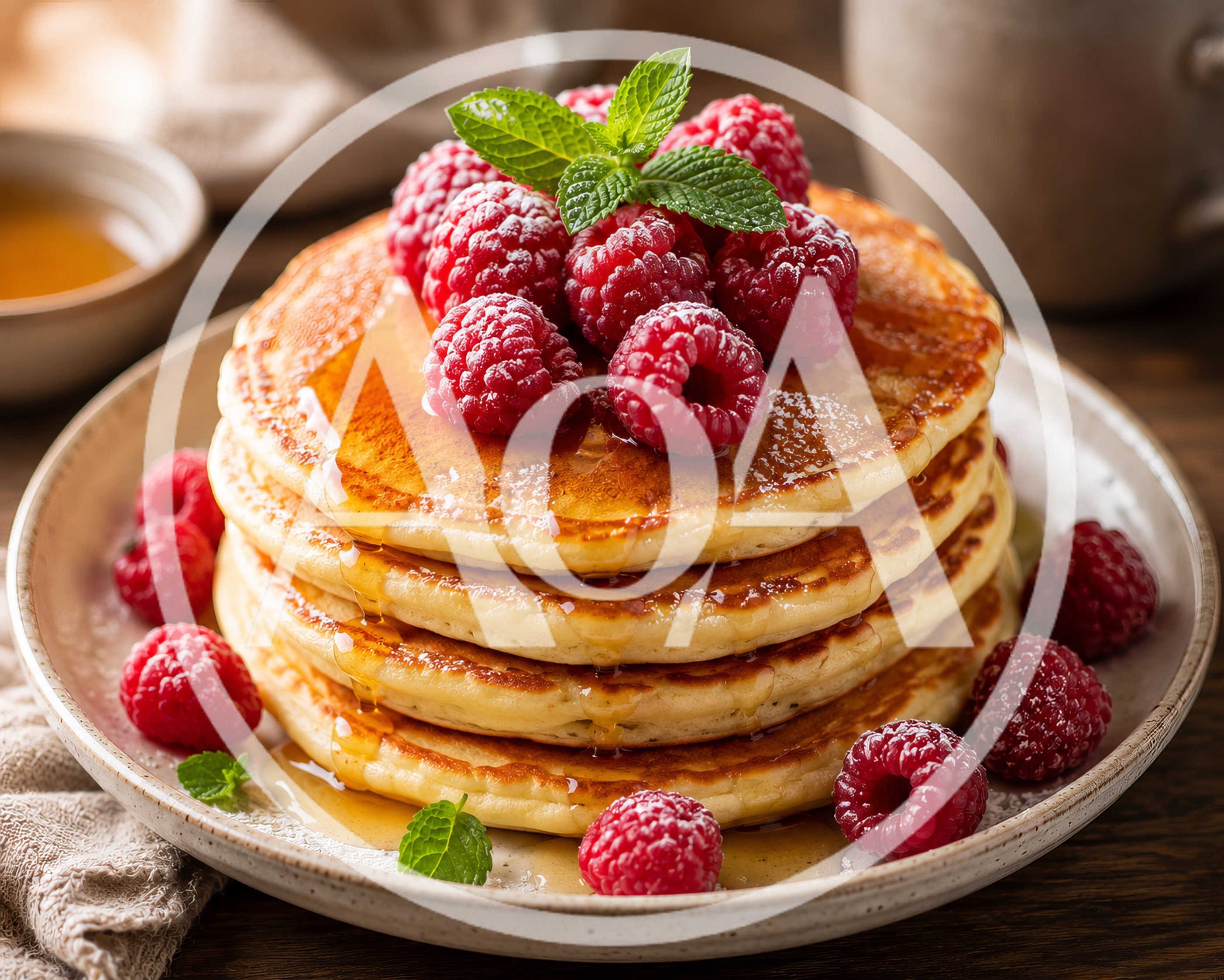 Stack Of Fluffy Pancakes With Fresh Raspberries And Syrup