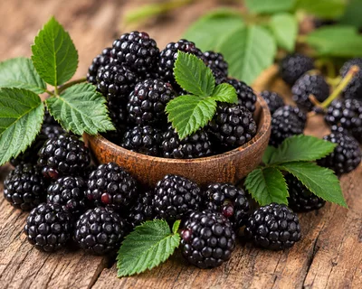 Fresh Blackberries in a Wooden Bowl on Rustic Wood