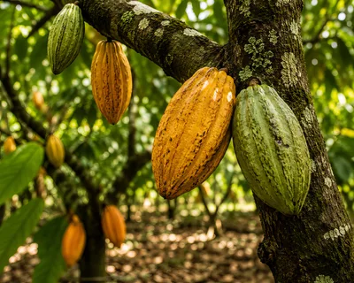 Ripe And Unripe Cacao Pods Growing On Tree