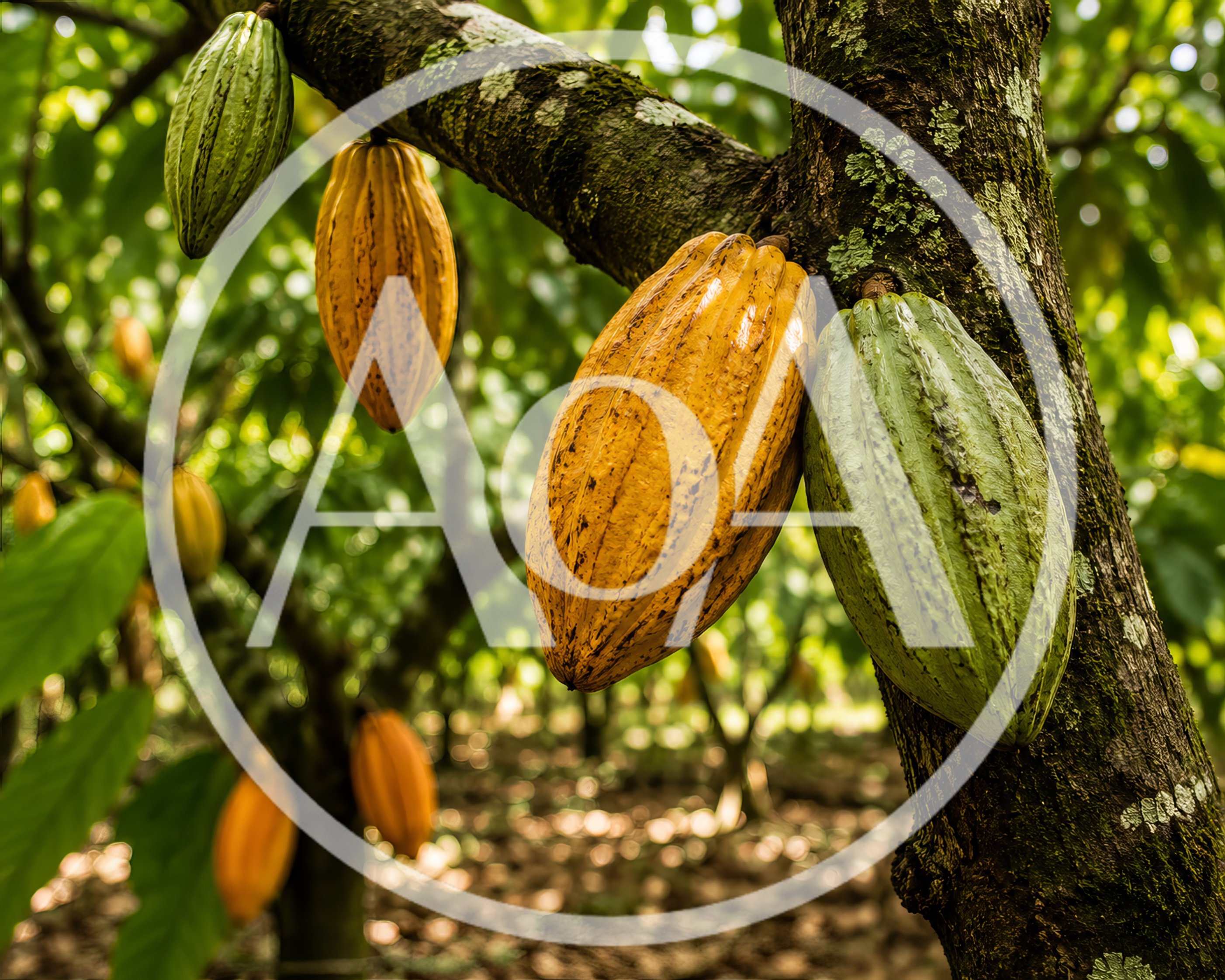 Ripe And Unripe Cacao Pods Growing On Tree