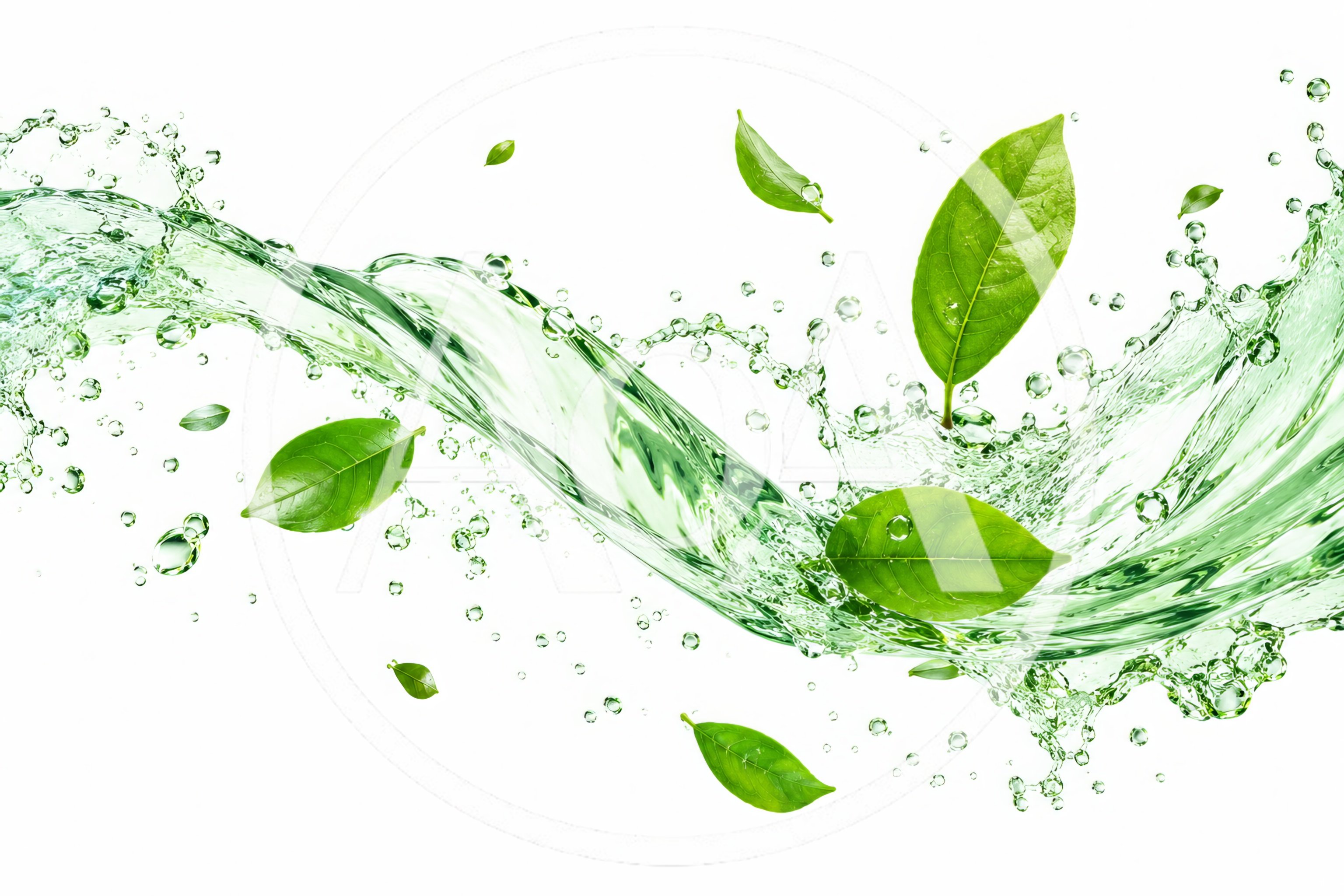 Green Tea Leaves Floating In Refreshing Water Splash