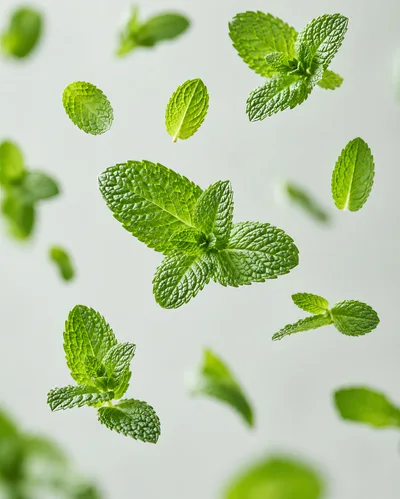 Fresh Green Mint Leaves Floating In Mid Air