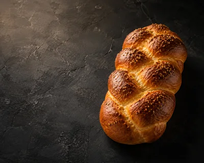 Freshly Baked Braided Challah Bread on Dark Surface