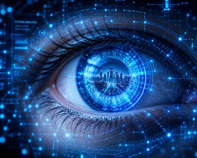 Digital Eye Scanning Futuristic Cityscape Interface