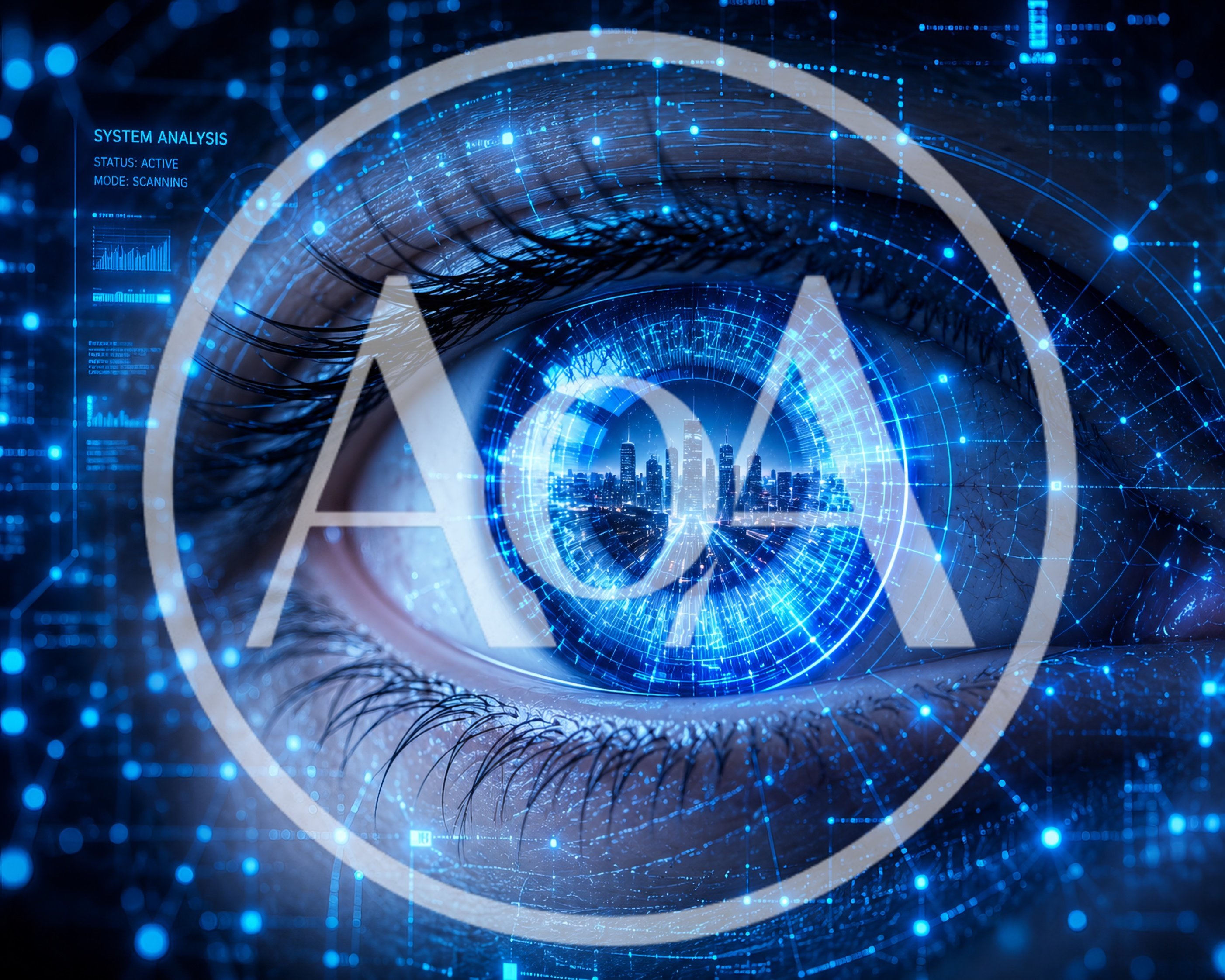 Digital Eye Scanning Futuristic Cityscape Interface