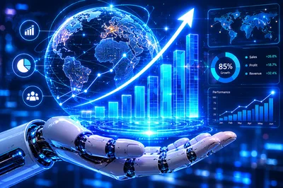 Futuristic Robotic Hand Holding Digital Business Growth Data