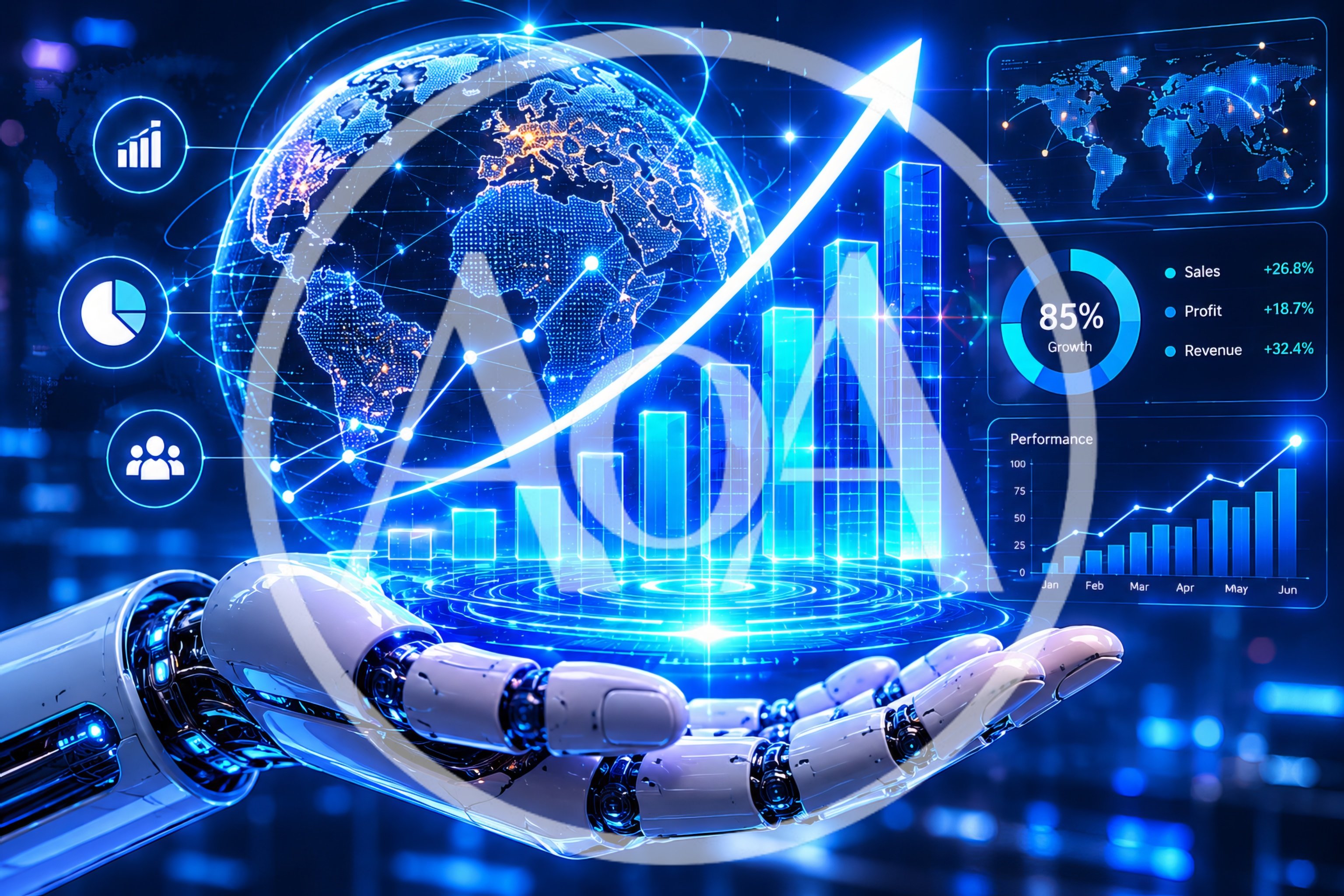 Futuristic Robotic Hand Holding Digital Business Growth Data