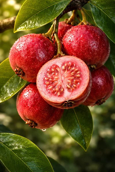 Fresh Red Guava Fruits Hanging On A Tree Branch