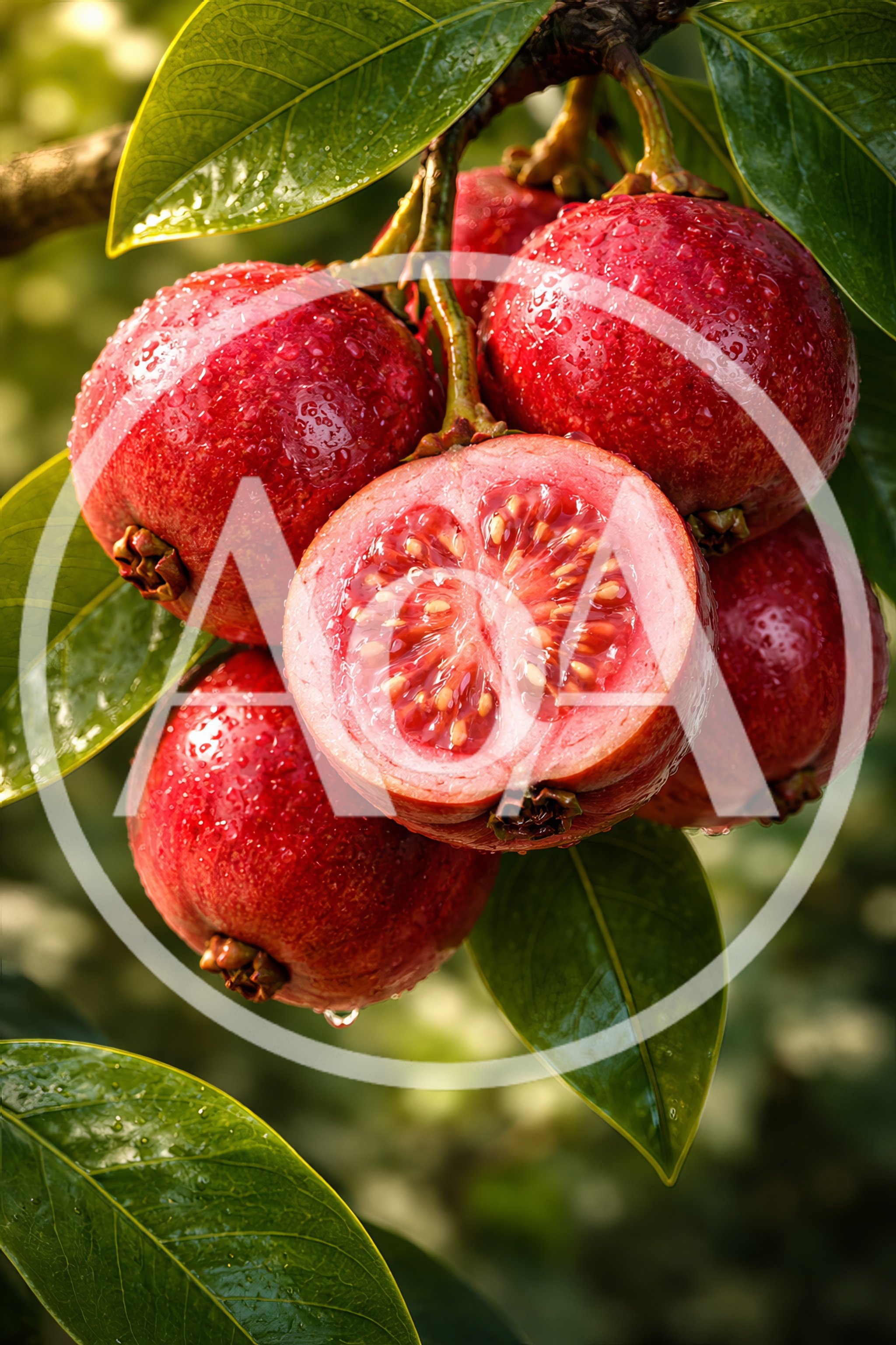 Fresh Red Guava Fruits Hanging On A Tree Branch