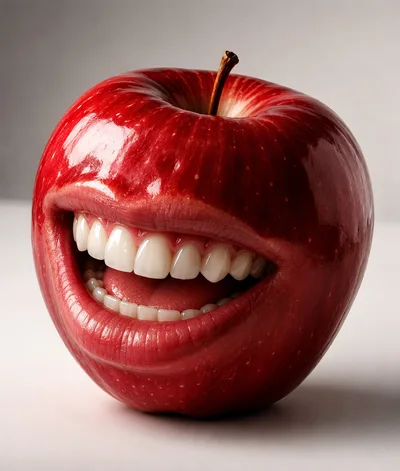 Surreal Red Apple With Human Mouth And Teeth
