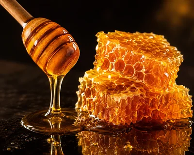 Honey Dipper Drizzling Golden Honey Over Honeycomb