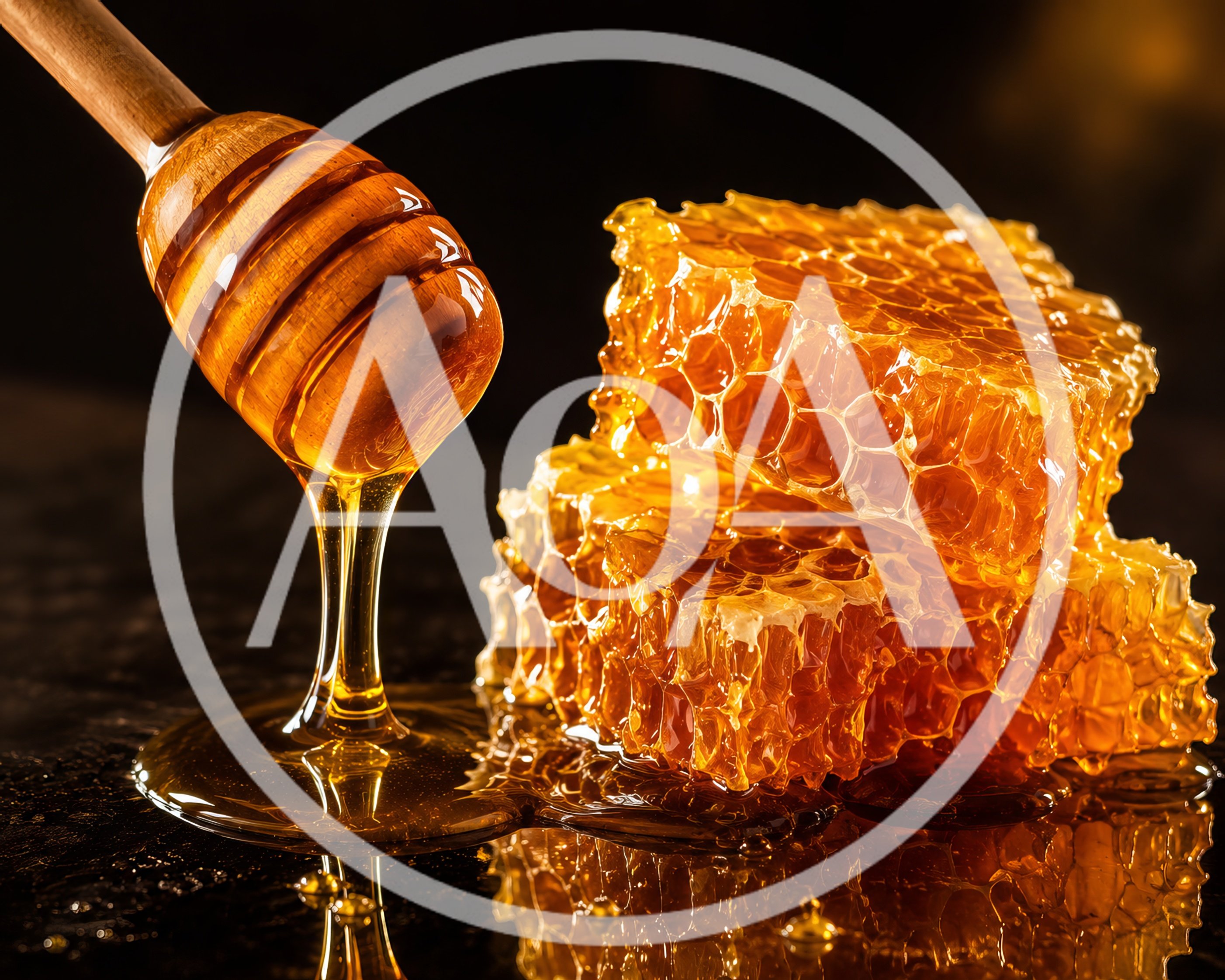 Honey Dipper Drizzling Golden Honey Over Honeycomb