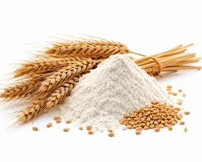 Wheat Stalks And Flour Pile On White Background