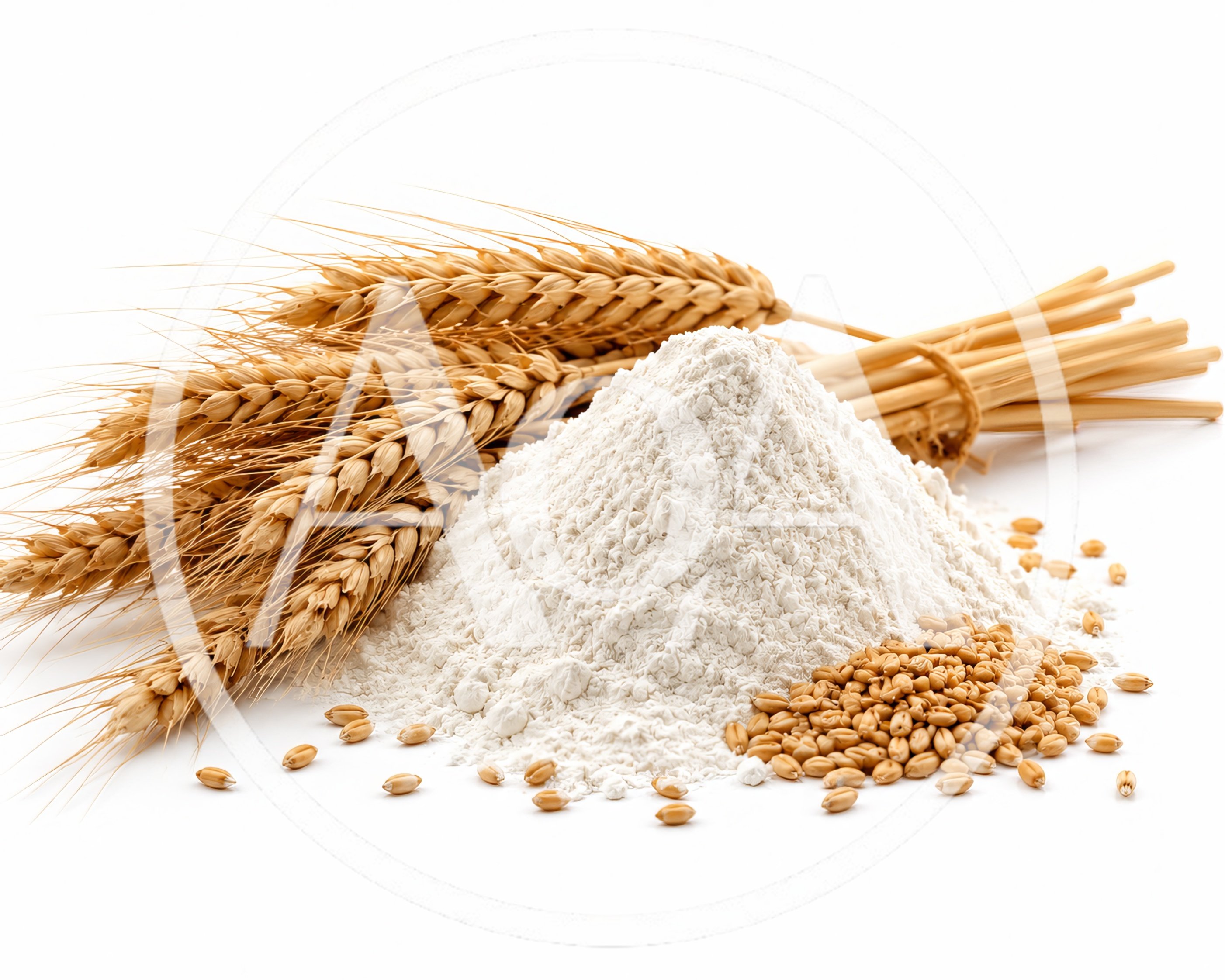 Wheat Stalks And Flour Pile On White Background