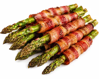 Bacon Wrapped Asparagus Spears on White Background