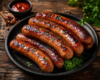 Grilled Sausages Served on a Cast Iron Skillet