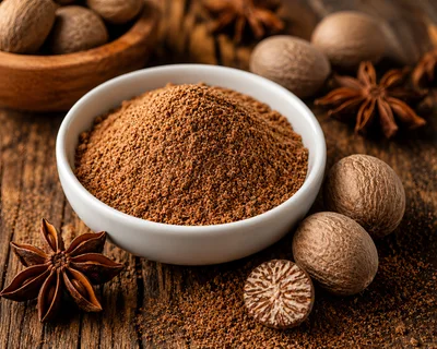 Ground Nutmeg Powder in a White Bowl