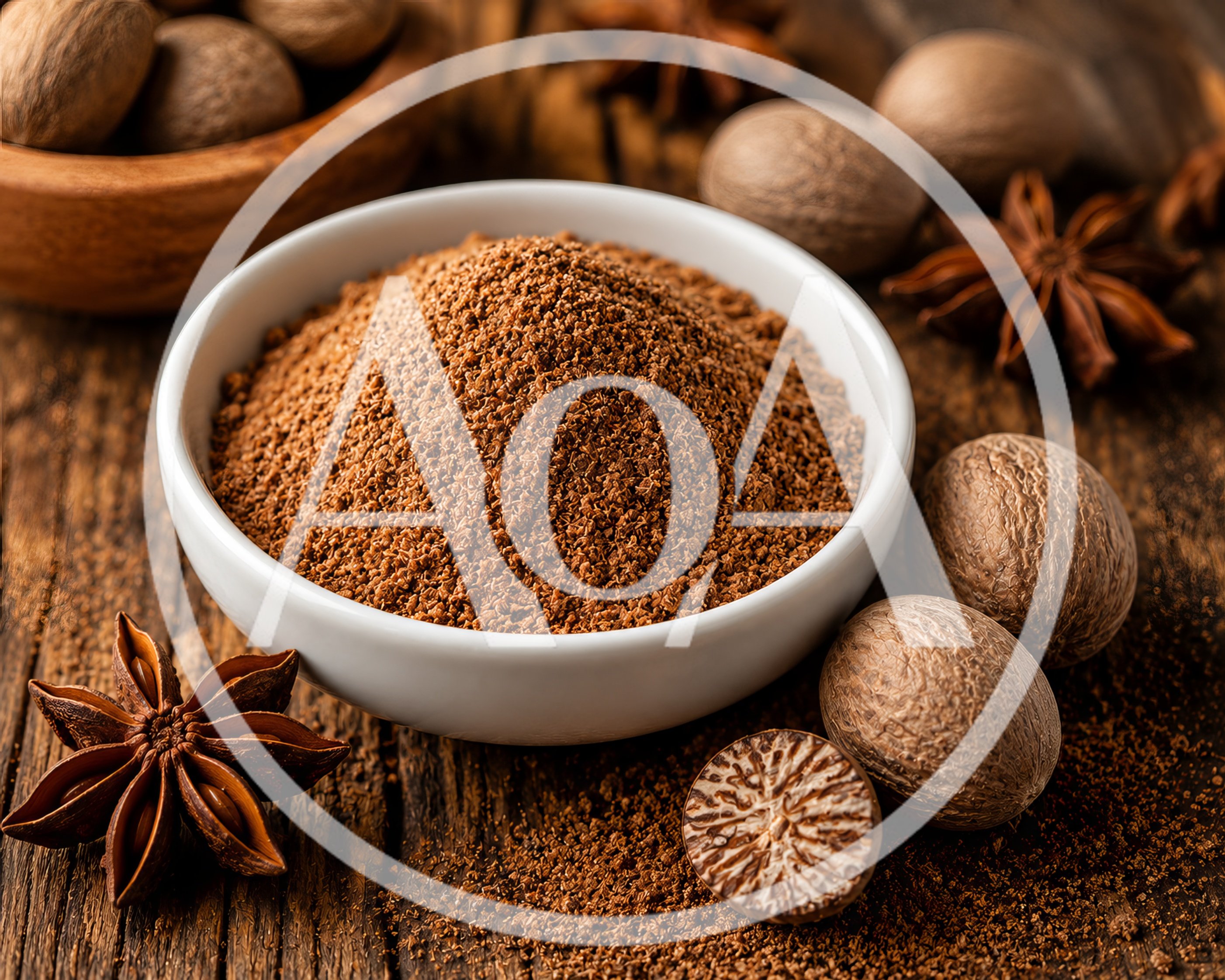 Ground Nutmeg Powder in a White Bowl