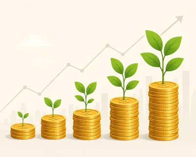 Financial Growth Concept With Growing Plant On Coin Stacks