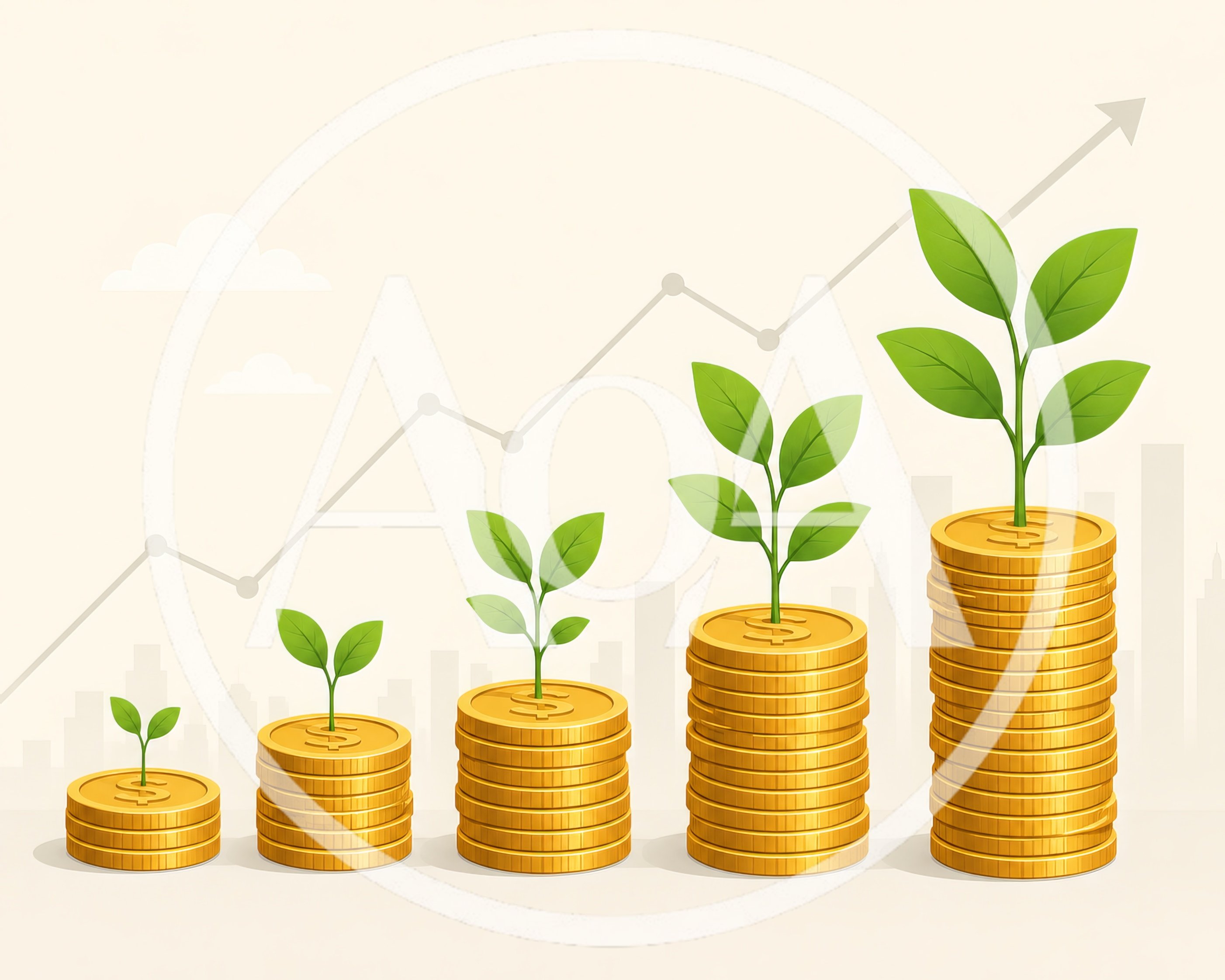 Financial Growth Concept With Growing Plant On Coin Stacks