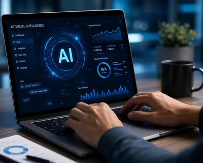 Professional Working On Artificial Intelligence Dashboard On Laptop