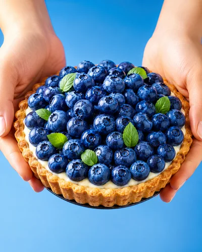 Hands Holding A Fresh Blueberry Tart
