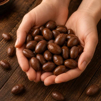 Hands Holding A Pile Of Chocolate Covered Almonds