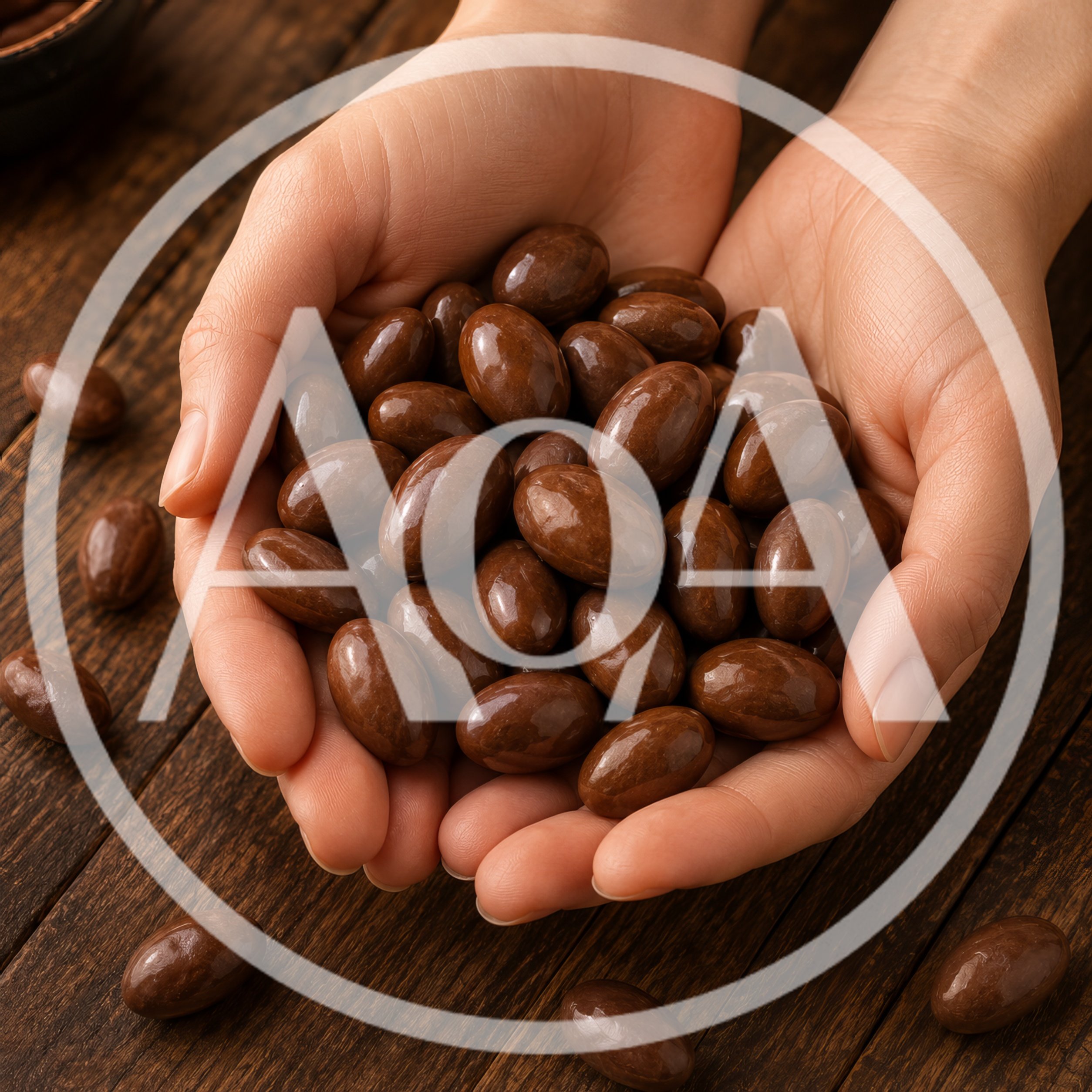 Hands Holding A Pile Of Chocolate Covered Almonds
