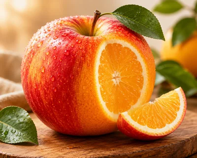 Hybrid Apple Orange Fruit On Wooden Board