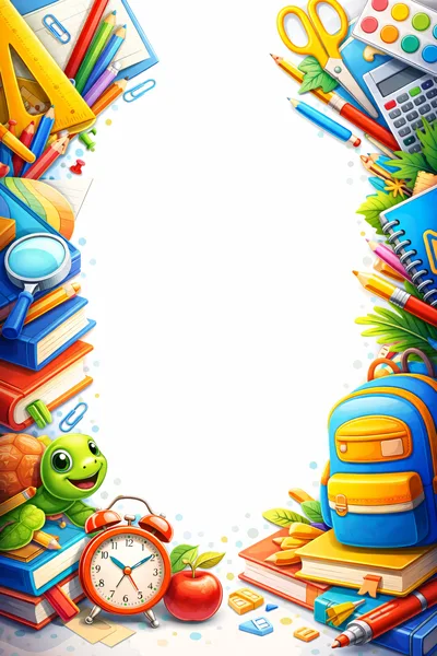 School Supplies Border Frame With Cute Turtle