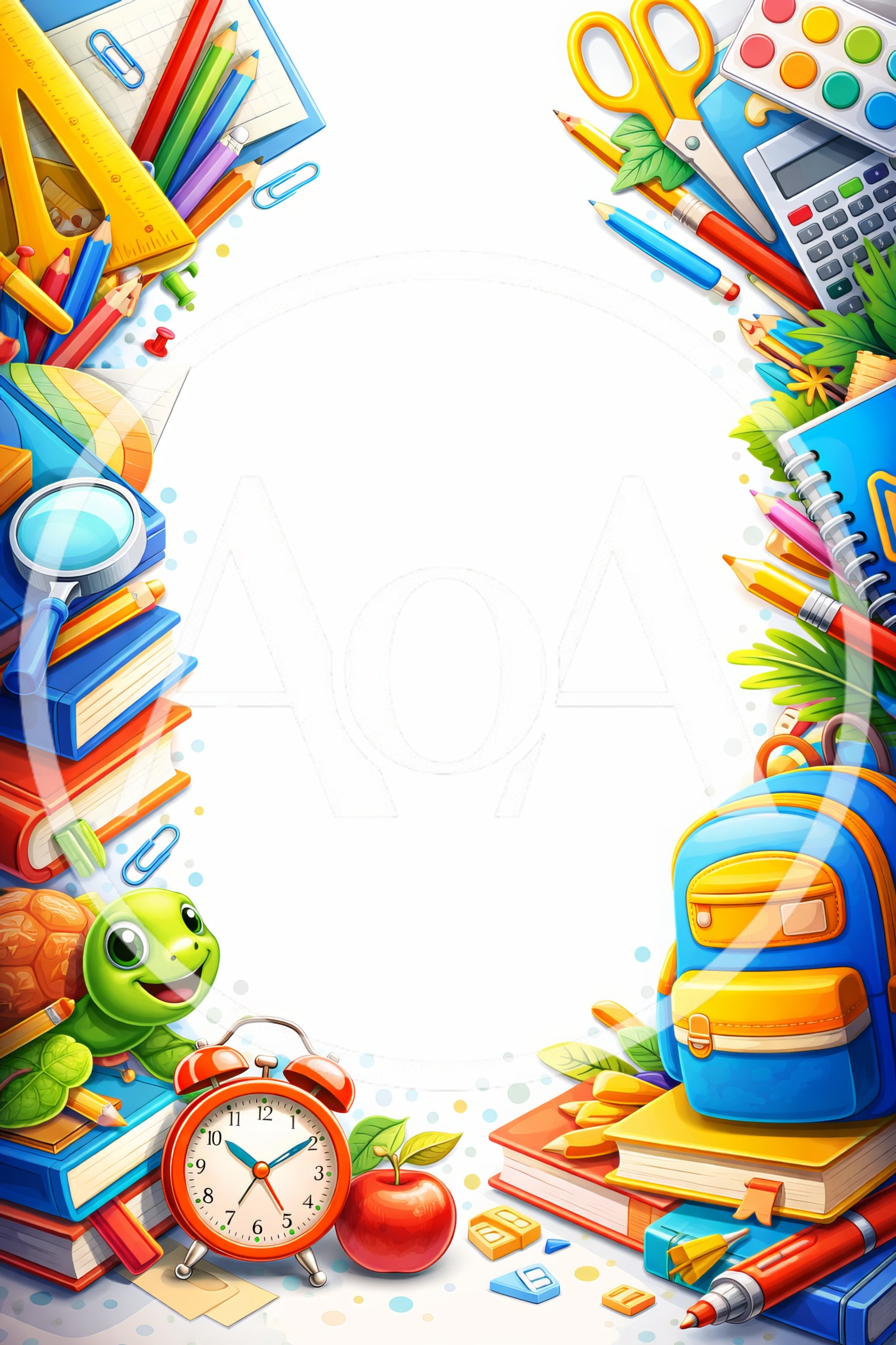 School Supplies Border Frame With Cute Turtle