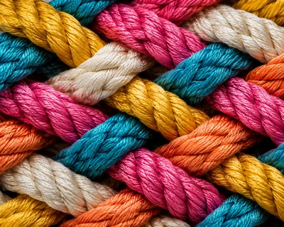 Macro View of Interwoven Colorful Synthetic Ropes
