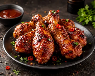 Glazed Spicy Chicken Drumsticks on a Black Plate