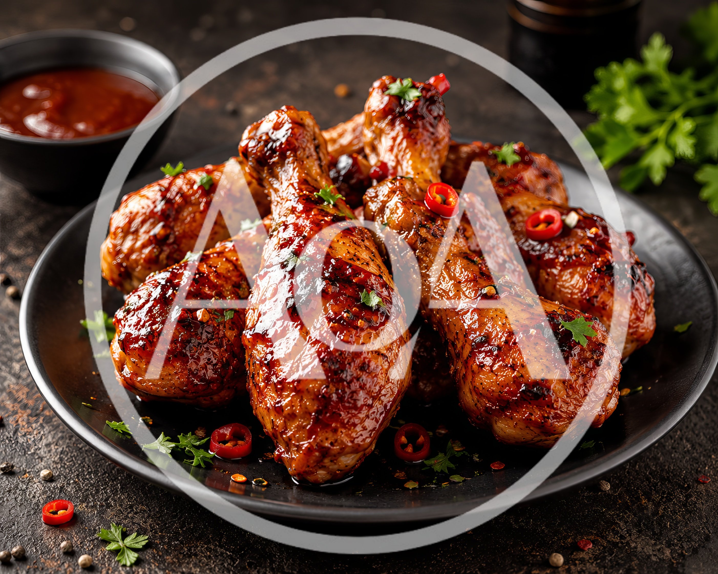 Glazed Spicy Chicken Drumsticks on a Black Plate