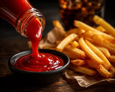 Ketchup Pouring Into A Small Black Bowl With Fries