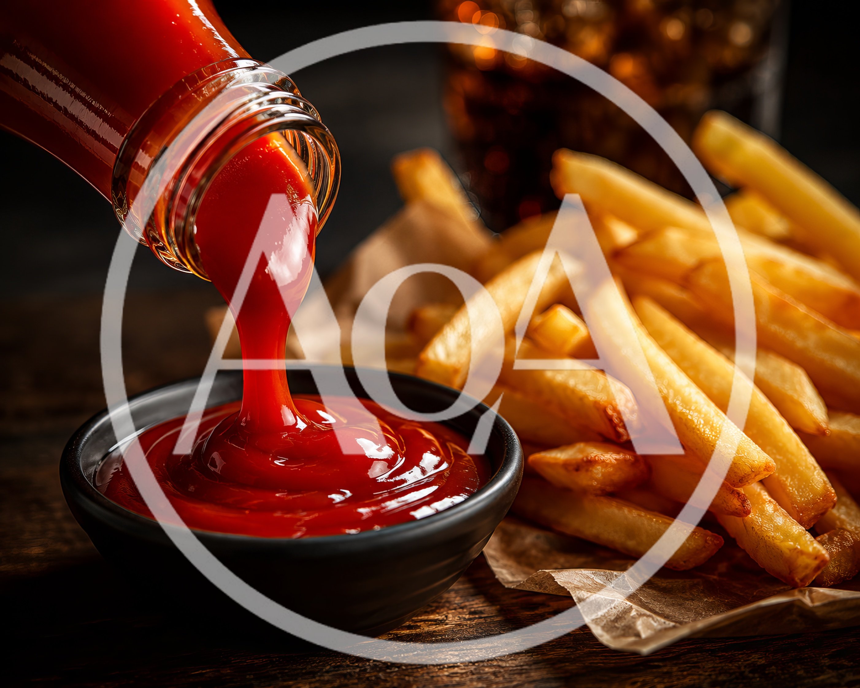 Ketchup Pouring Into A Small Black Bowl With Fries