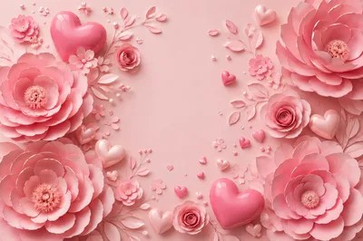 Pink Paper Flowers and Glossy Hearts Background