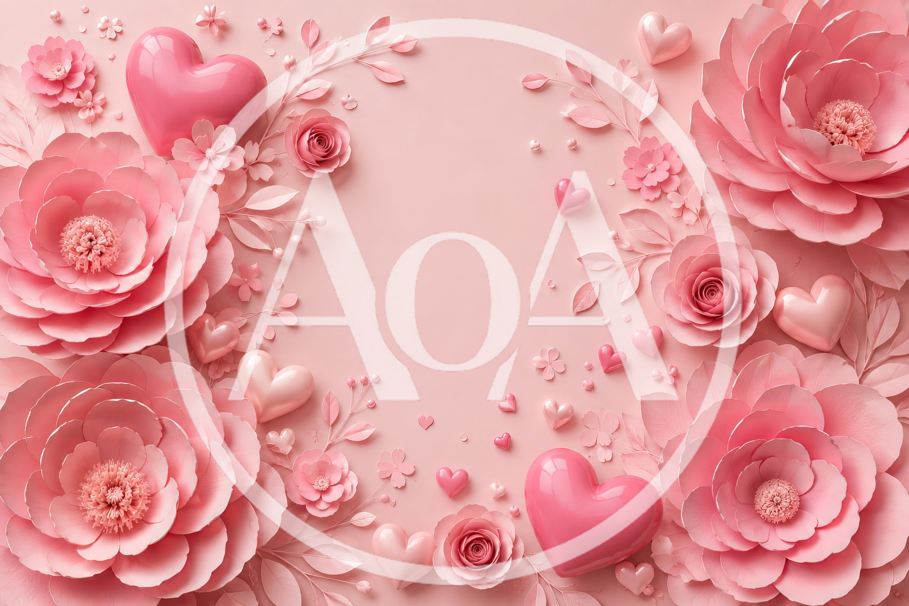Pink Paper Flowers and Glossy Hearts Background