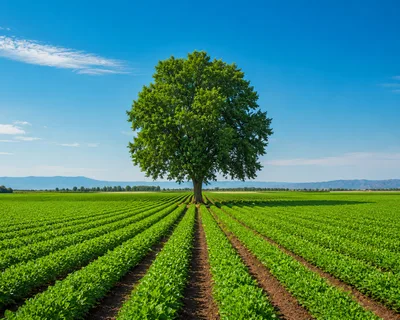 Solitary Green Tree In A Vast Agricultural Field