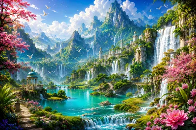 Fantasy Landscape With Cascading Waterfalls And Ancient Palace
