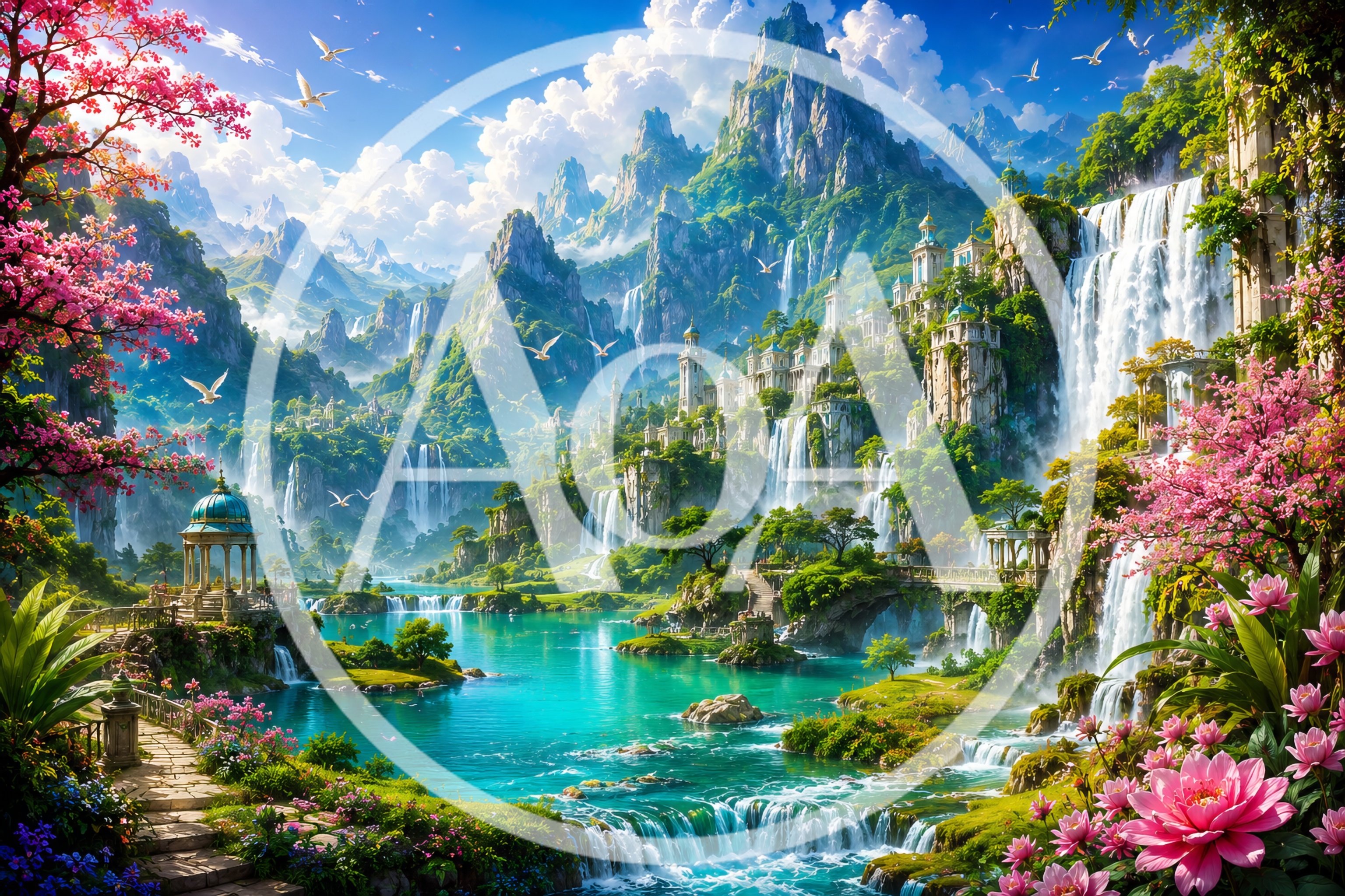 Fantasy Landscape With Cascading Waterfalls And Ancient Palace