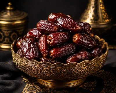 Bowl Of Fresh Medjool Dates On Ornate Table