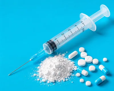 Medical Syringe With White Powder And Assorted Pills