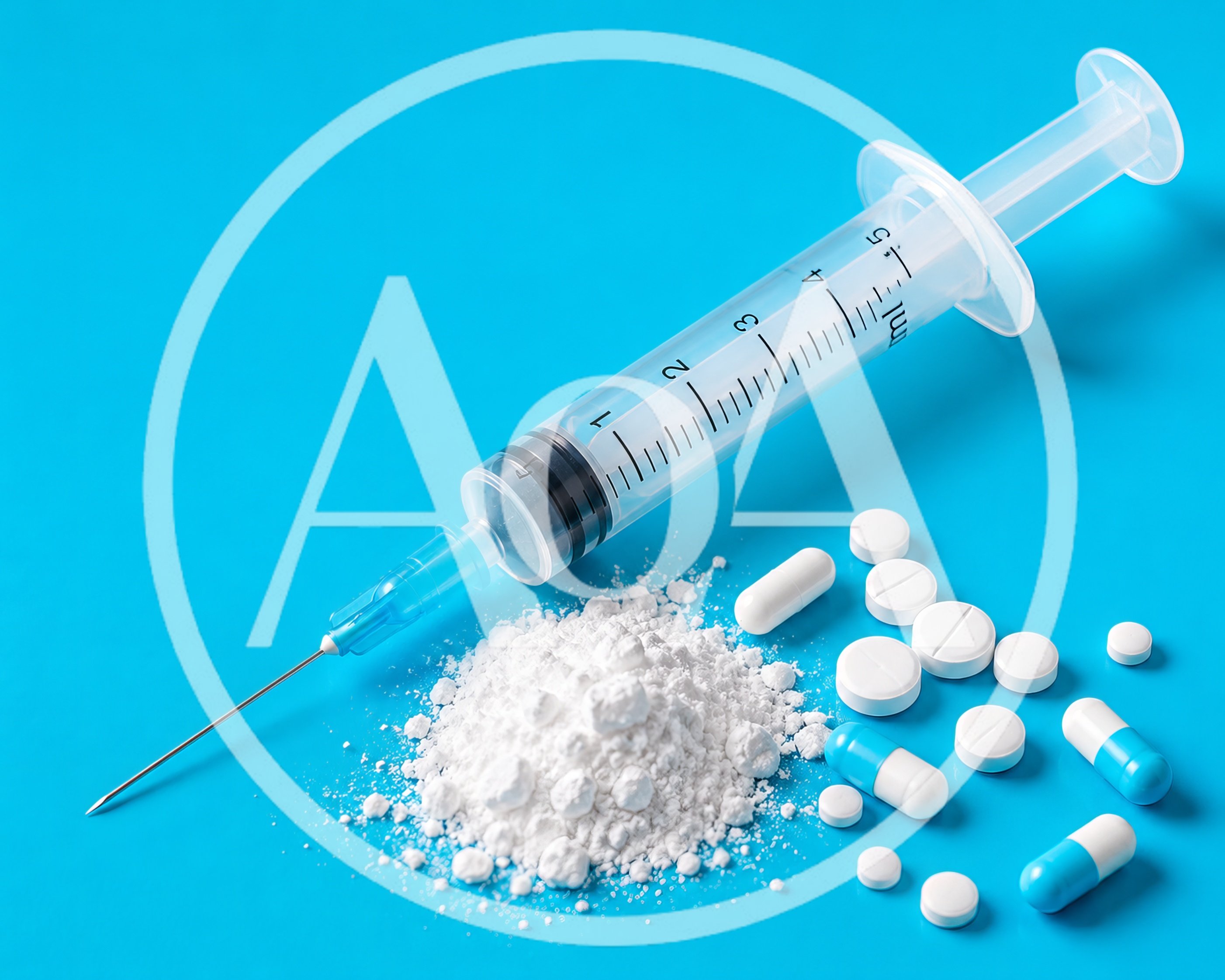 Medical Syringe With White Powder And Assorted Pills