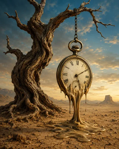 Surreal Melting Pocket Watch Hanging From Dead Tree
