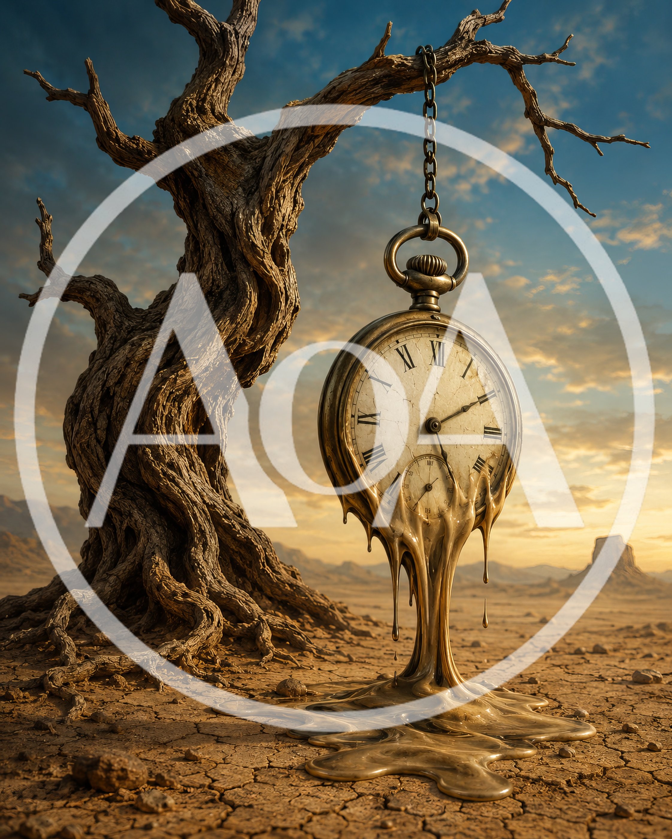Surreal Melting Pocket Watch Hanging From Dead Tree