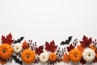 Halloween Flat Lay With Pumpkins And Autumn Leaves