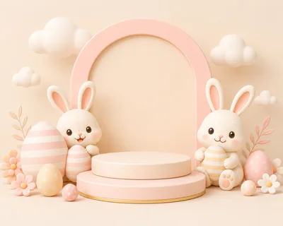 Easter Display Podium With Cute Rabbits And Eggs