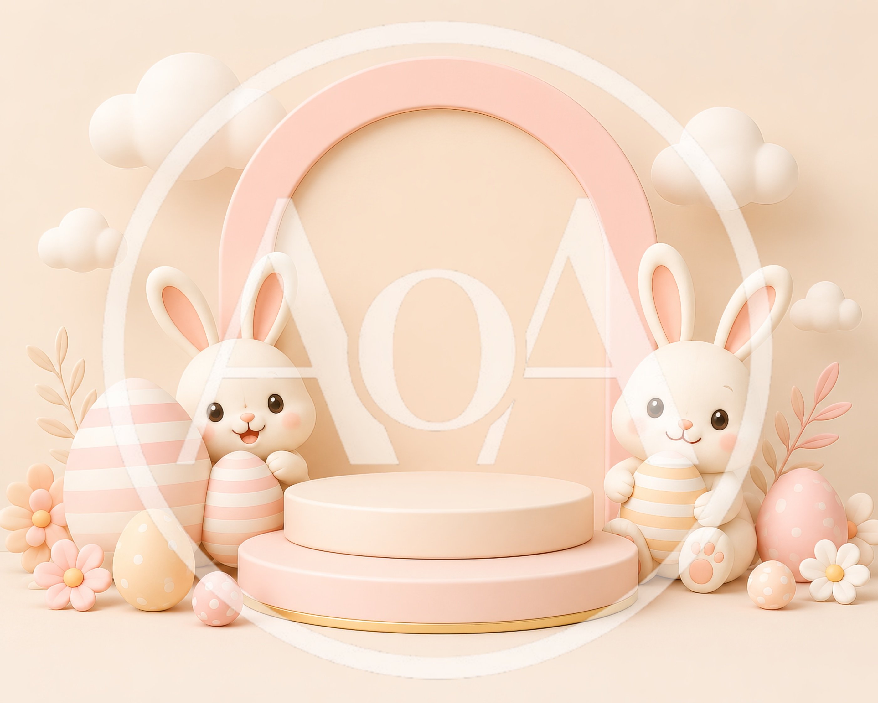 Easter Display Podium With Cute Rabbits And Eggs