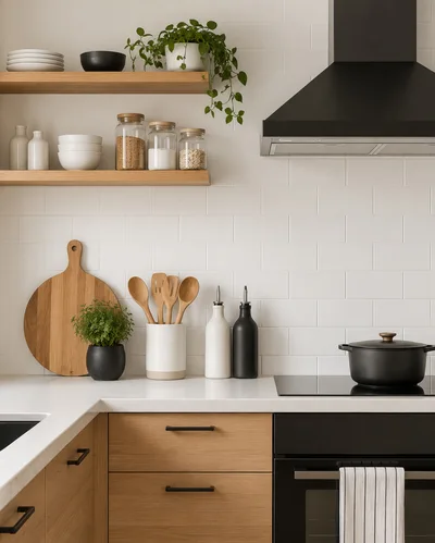 Modern Kitchen Countertop With Cooking Utensils And Decor
